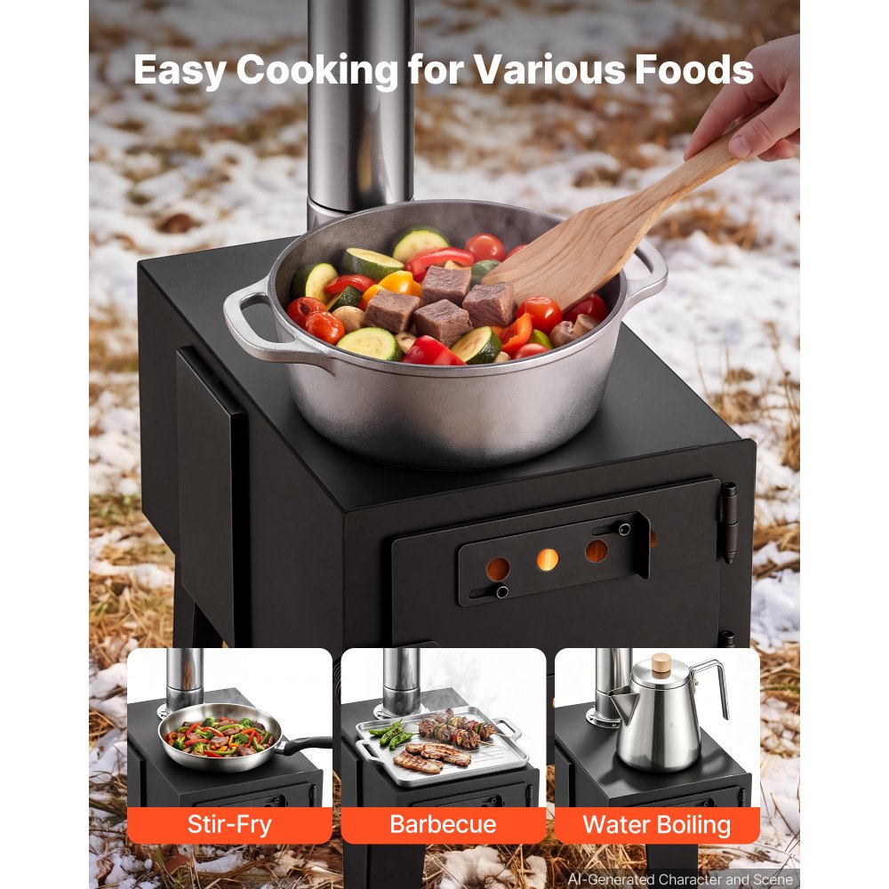 VEVOR Wood Stove with Dual Sliders Control Wood Burning Camping Tent Stove, for Outdoor Heating Cooking Drying, Carbon Steel, with Extended Chimney Pipes, Retractable Bracket, and Spark Arrest Tube