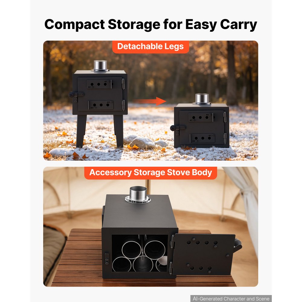 VEVOR Wood Stove with Dual Sliders Control Wood Burning Camping Tent Stove, for Outdoor Heating Cooking Drying, Carbon Steel, with Extended Chimney Pipes, Retractable Bracket, and Spark Arrest Tube