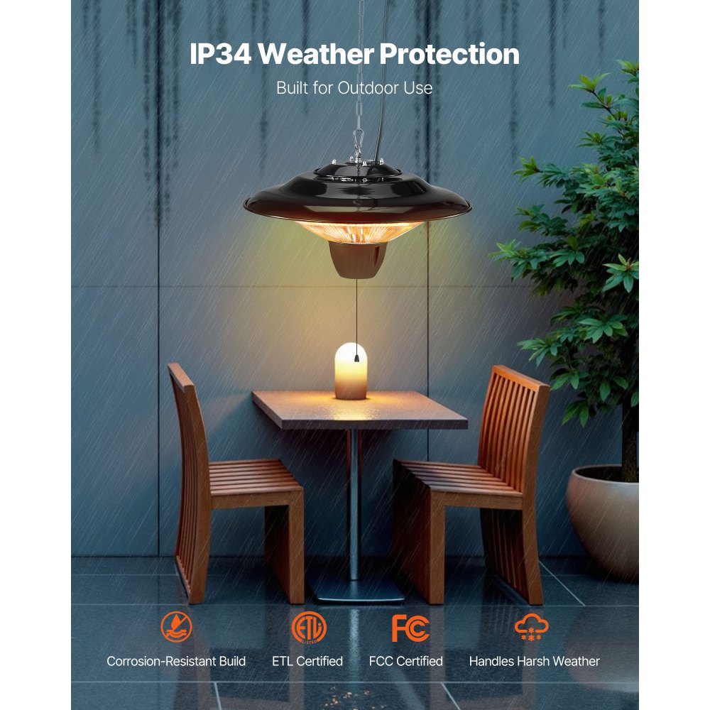 VEVOR Hanging Patio Heater, 1500W Electric Space Infrared Heater, IP34 Protection with 23.6 inch Pull Cord & Adjustable Chain, for Porch,Patio,Dining Room,Studio Outdoor/Indoor