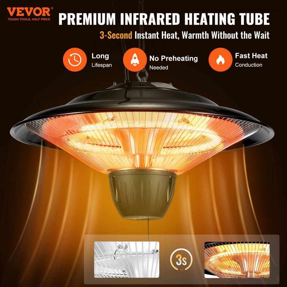 VEVOR Hanging Patio Heater, 1500W Outdoor/Indoor Electric Space Infrared Heater, IP34 Protection Ceiling Heater with 23.6 inch Pull Cord & 20 inch Adjustable Chain, for Porch,Patio,Dining Room,Studio
