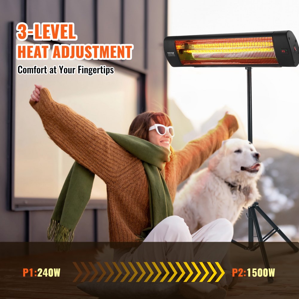 VEVOR Infrared Heater, 1500W Remote Control Electric Space Heater, LED Screen Patio Heater w/ 3 Speeds & Timer, Outdoor/Outdoor for Porch,Dining Room,Studio, with Stand & Mount to Ceiling/Wall,24 in L