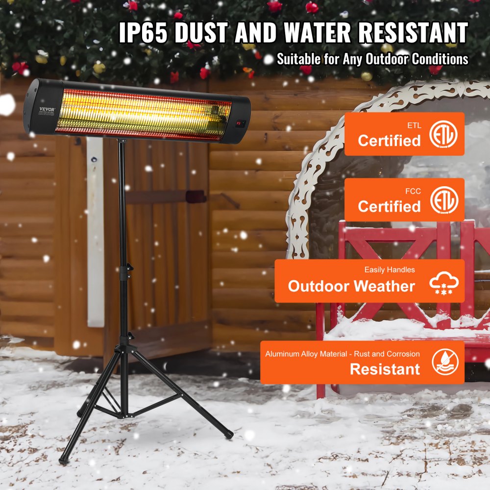 VEVOR Infrared Heater, 1500W Remote Control Electric Space Heater, LED Screen Patio Heater w/ 3 Speeds & Timer, Outdoor/Outdoor for Porch,Dining Room,Studio, with Stand & Mount to Ceiling/Wall,24 in L