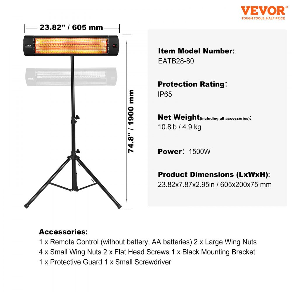 VEVOR Infrared Heater, 1500W Remote Control Electric Space Heater, LED Screen Patio Heater w/ 3 Speeds & Timer, Outdoor/Outdoor for Porch,Dining Room,Studio, with Stand & Mount to Ceiling/Wall,24 in L