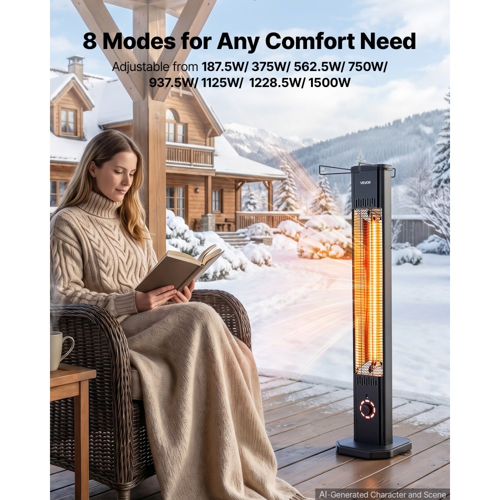 VEVOR Infrared Heater 1500W Electric Space Heater 8 Heat Settings Black, with Remote Control for Outdoor Use, 8H Timer, Overheat Protection, Cold-Rolled Steel, for Patios, Backyards, and Balconies