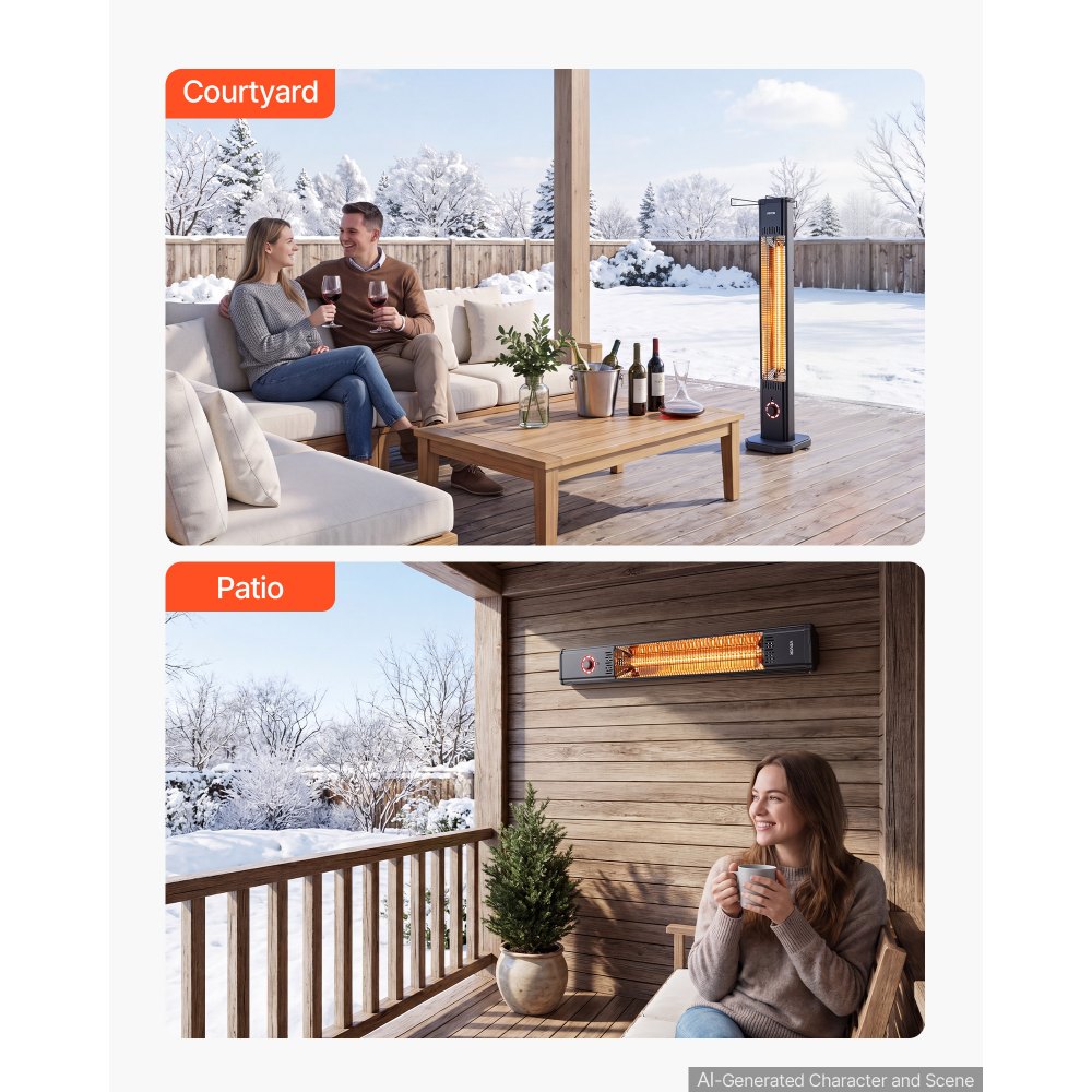 VEVOR Infrared Heater 1500W Electric Space Heater 8 Heat Settings Black, with Remote Control for Outdoor Use, 8H Timer, Overheat Protection, Cold-Rolled Steel, for Patios, Backyards, and Balconies