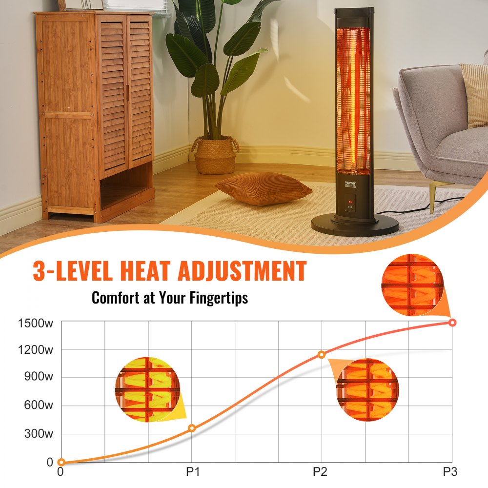 VEVOR Infrared Heater, 1500W Remote Control Electric Space Heater, Patio Heater w/ 3 Speeds & Timer & Tip-Over Protection, Outdoor/Outdoor for Bedroom,Studio,Porch,Dining Room,Studio, Stand,40in L