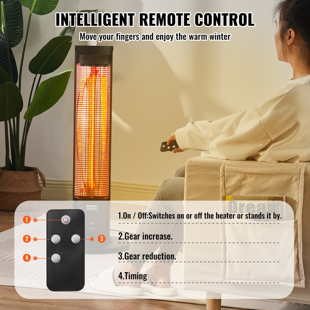 VEVOR Infrared Heater, 1500W Remote Control Electric Space Heater, Patio Heater w/ 3 Speeds & Timer & Tip-Over Protection, Outdoor/Outdoor for Bedroom,Studio,Porch,Dining Room,Studio, Stand,40in L
