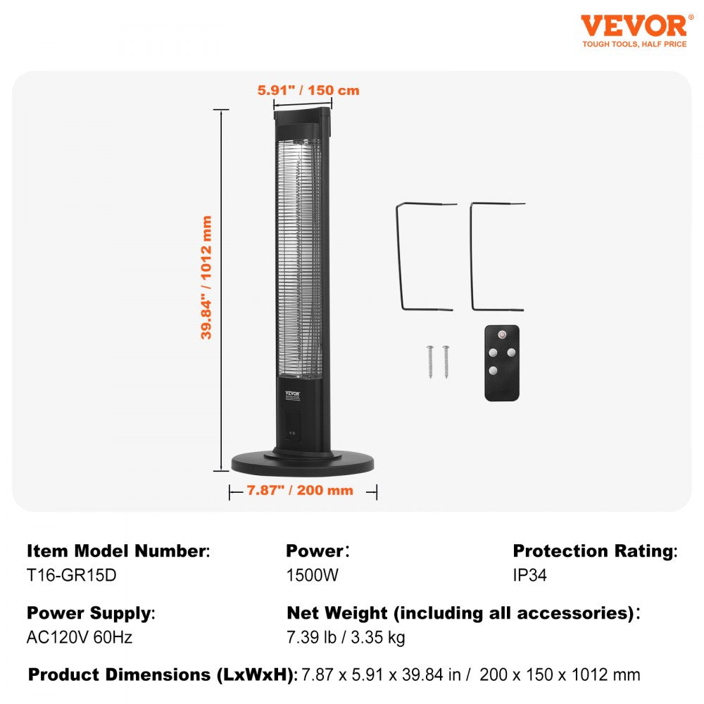 VEVOR Infrared Heater, 1500W Remote Control Electric Space Heater, Patio Heater w/ 3 Speeds & Timer & Tip-Over Protection, Outdoor/Outdoor for Bedroom,Studio,Porch,Dining Room,Studio, Stand,40in L