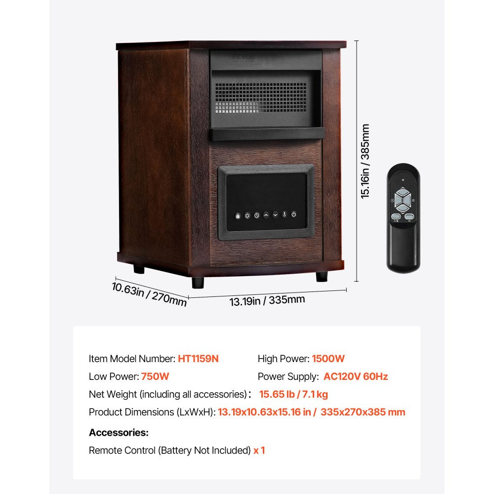 VEVOR Infrared Heater, 1500W Electric Space Heater with Remote Control, LED Screen & 24H Timer, Multiple Temperature Adjustable for Patio Bedroom,Living Room,Studio,Dining Room