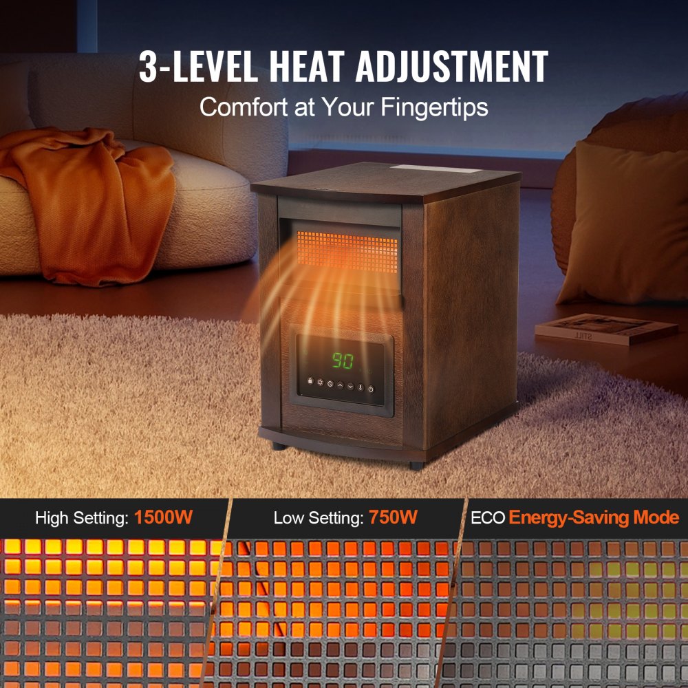 VEVOR Infrared Heater, 1500W Remote Control Electric Space Heater, LED Patio Heater w/ 3 Speeds & Timer & Overheat/Tip-Over Protection & Child Lock, for Bedroom,Living Room,Nursery,Studio,MDF
