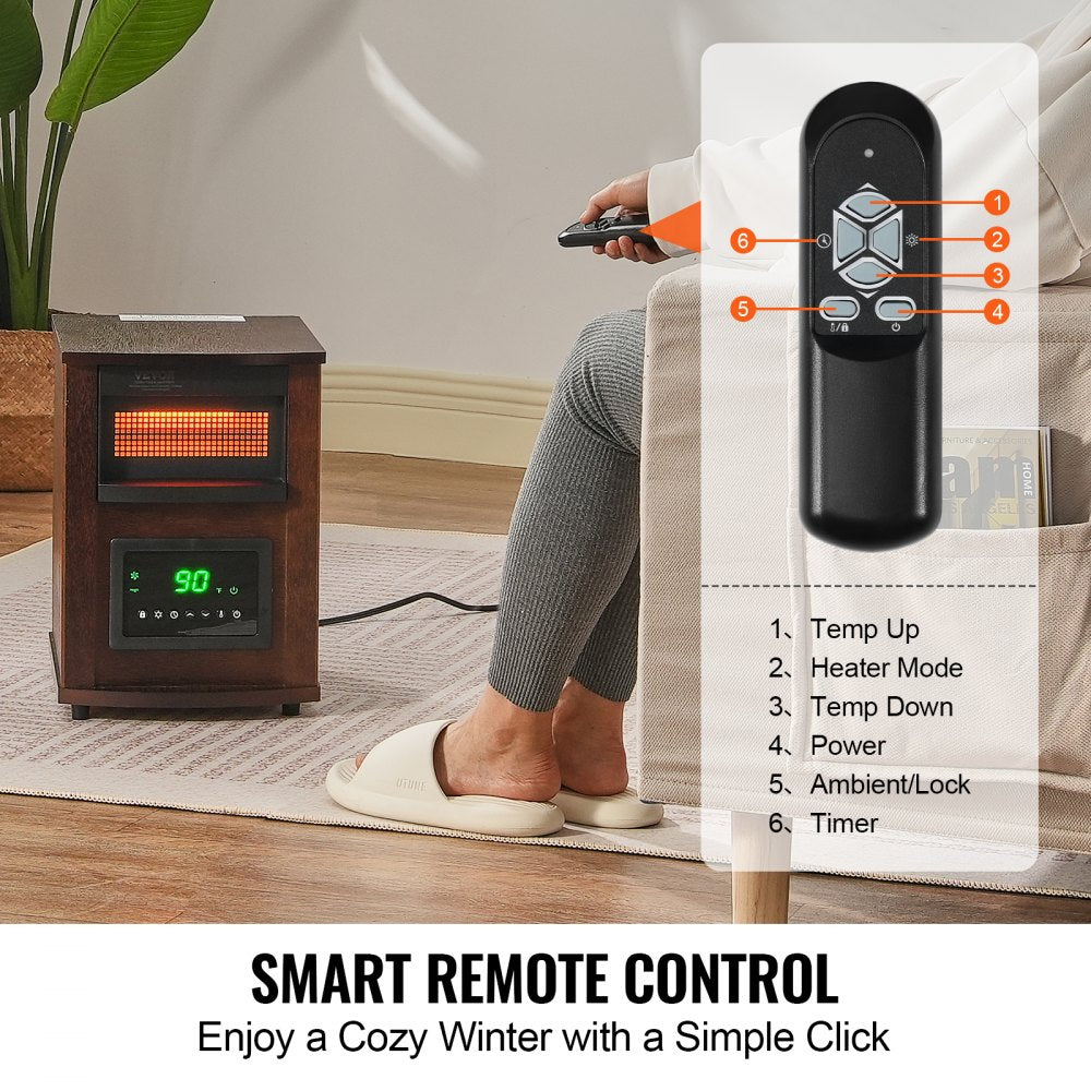 VEVOR Infrared Heater, 1500W Remote Control Electric Space Heater, LED Patio Heater w/ 3 Speeds & Timer & Overheat/Tip-Over Protection & Child Lock, for Bedroom,Living Room,Nursery,Studio,MDF
