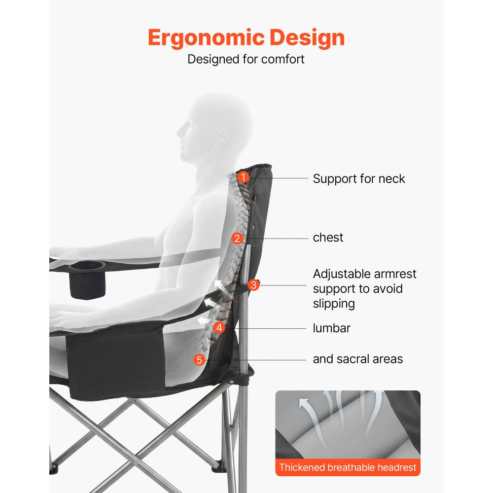 VEVOR Camping Folding Chair for Adults, Portable Heavy Duty Outdoor Quad Lumbar Back Padded Arm Chairs with Side Pockets, Cup Holder and Cooler Bag for Beach, Lawn, Picnic, Fishing, Backpacking, Black
