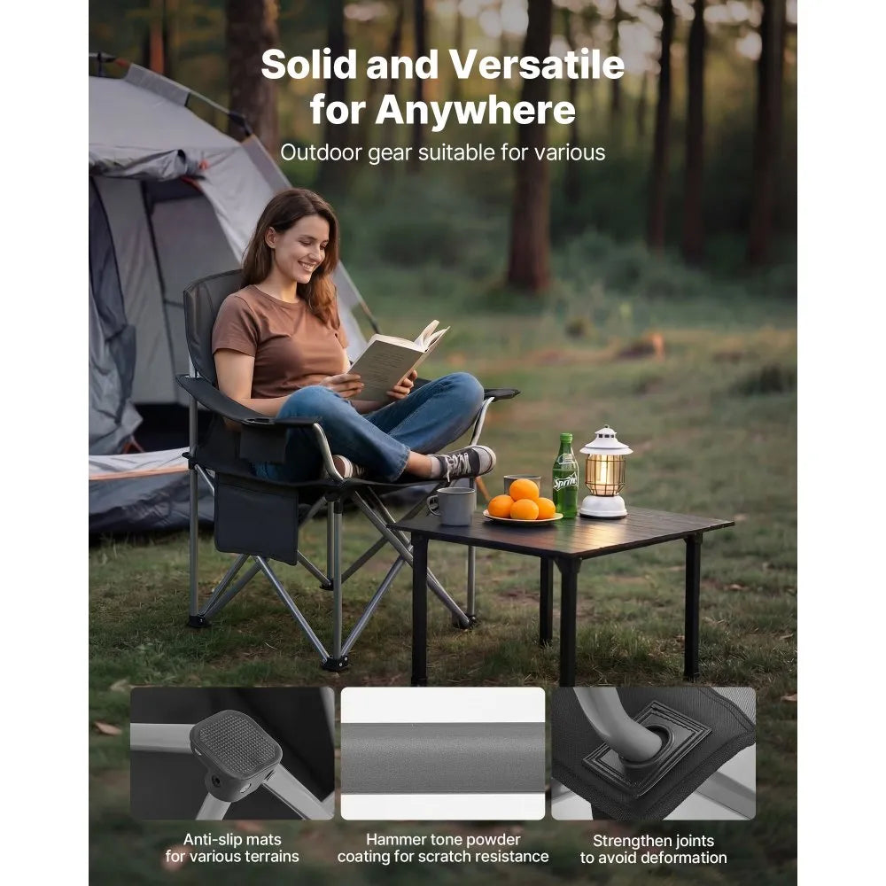 VEVOR Camping Folding Chair for Adults, Portable Heavy Duty Outdoor Quad Lumbar Back Padded Arm Chairs with Side Pockets, Cup Holder and Cooler Bag for Beach, Lawn, Picnic, Fishing, Backpacking, Black