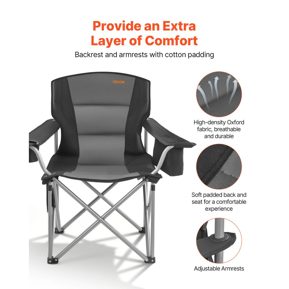 VEVOR Oversized Camping Chairs, 450 lbs Heavy Duty Support, Portable Folding Camp Chairs with Padded Backrest & Armrests, Cup Holder & Side Pocket, Cooler Bag, Carry Bags for Outdoor, Fishing, 2 Pack