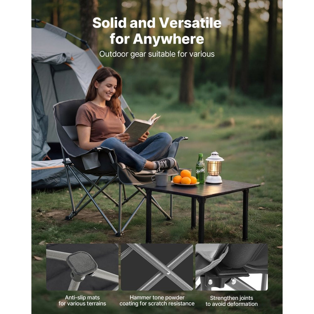 VEVOR Oversized Camping Chairs, 450 lbs Heavy Duty Support, Portable Padded Folding Camp Chairs with Dual Cup Holders & Wine Glass Holders, Carry Bag for Outdoor, Fishing, Black & Gray, 1 Pack