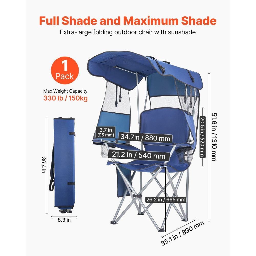 VEVOR Camping Chair with Canopy Shade, Folding Beach Chair with Canopy & Magazine Pocket, 2 Cup Holders, 330 lbs Heavy Duty Support, Carry Bags for Outdoor, Camp, Fishing, Tailgates, Deep Blue