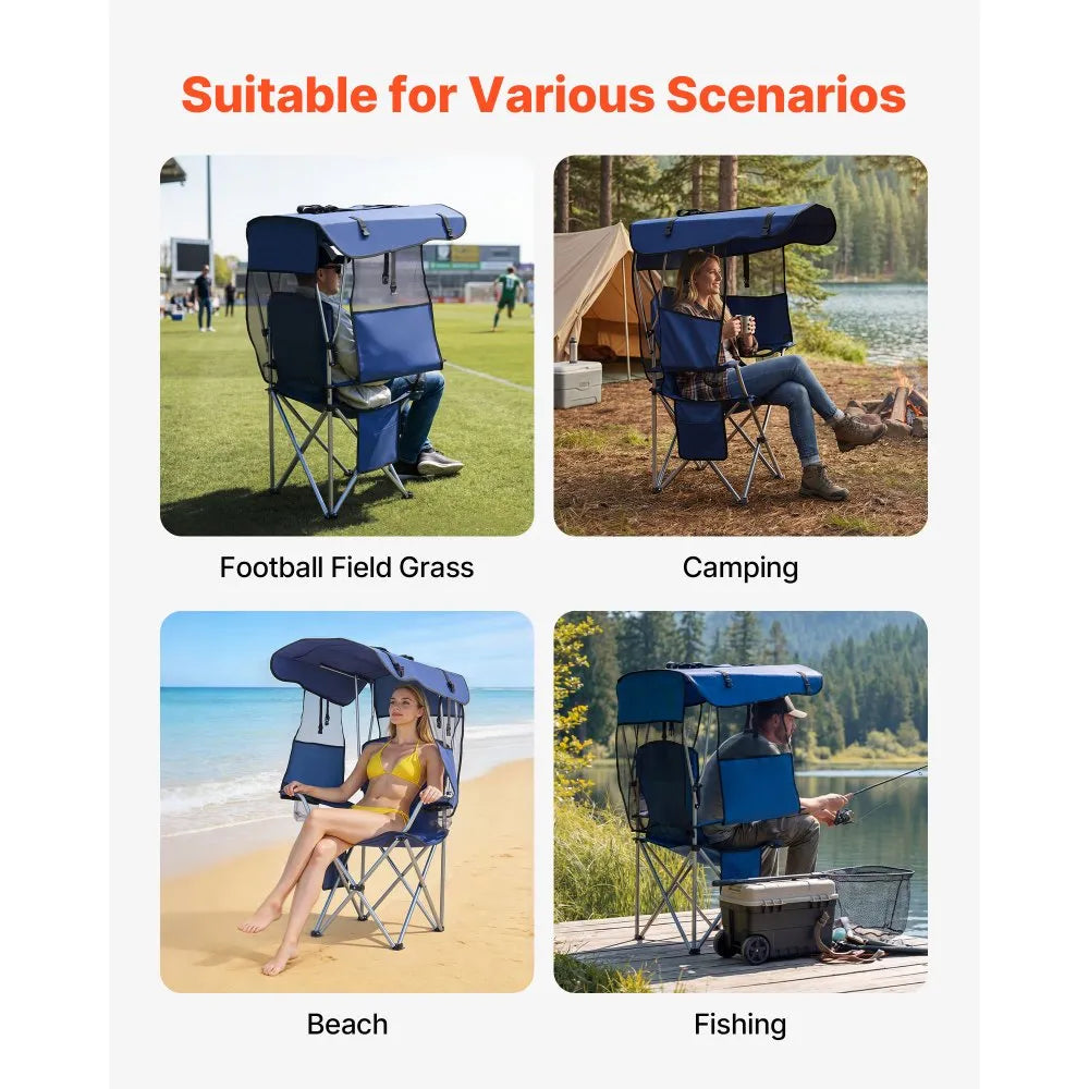 VEVOR Camping Chair with Canopy Shade, Folding Beach Chair with Canopy & Magazine Pocket, 2 Cup Holders, 330 lbs Heavy Duty Support, Carry Bags for Outdoor, Camp, Fishing, Tailgates, Deep Blue
