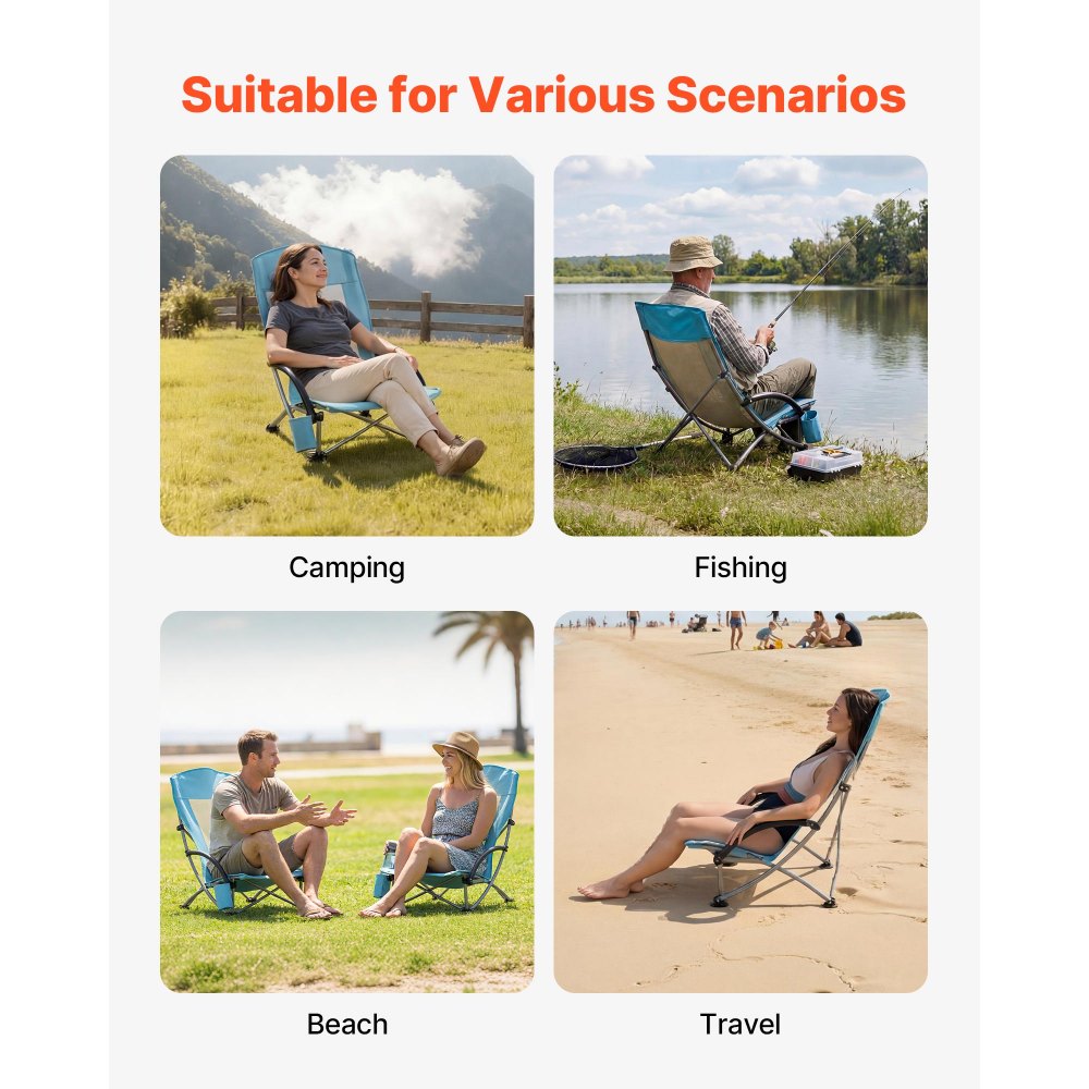VEVOR Folding Beach Chair, High Back Camping Chairs for Adults, with Cup Pocket, Mesh Back, Carry Bag, Portable Extra Wide Seat Chair 330 lbs Heavy Duty Support, for Outdoor, Camp, Light Blue