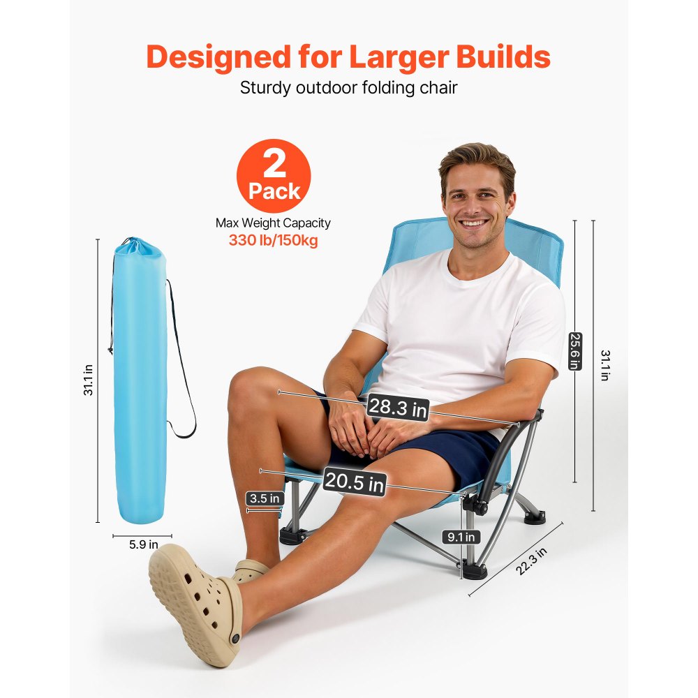 VEVOR Folding Beach Chair, High Back Camping Chairs for Adults, with Cup Pocket, Mesh Back, Carry Bag, Portable Extra Wide Seat Chair 330 lbs Heavy Duty Support, for Outdoor, Camp, Light Blue, 2 Pack