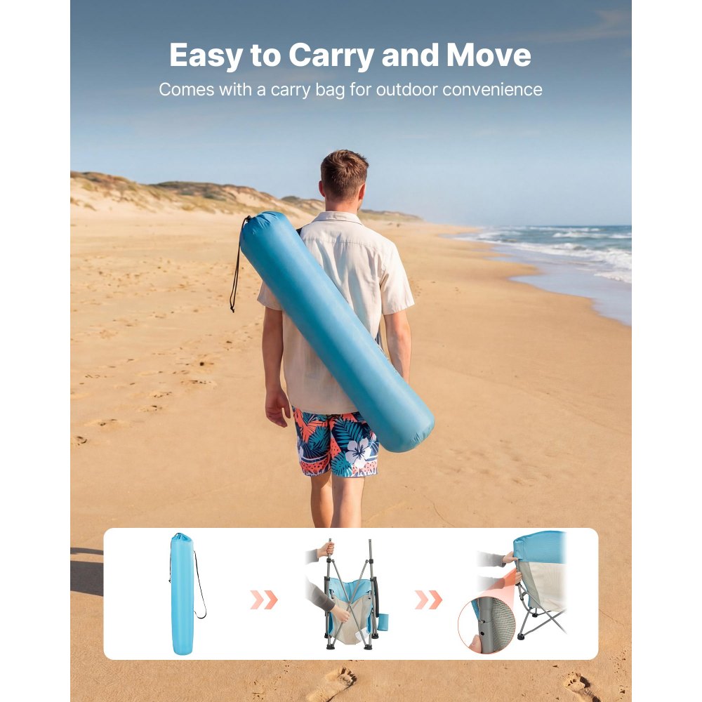 VEVOR Folding Beach Chair, High Back Camping Chairs for Adults, with Cup Pocket, Mesh Back, Carry Bag, Portable Extra Wide Seat Chair 330 lbs Heavy Duty Support, for Outdoor, Camp, Light Blue, 2 Pack