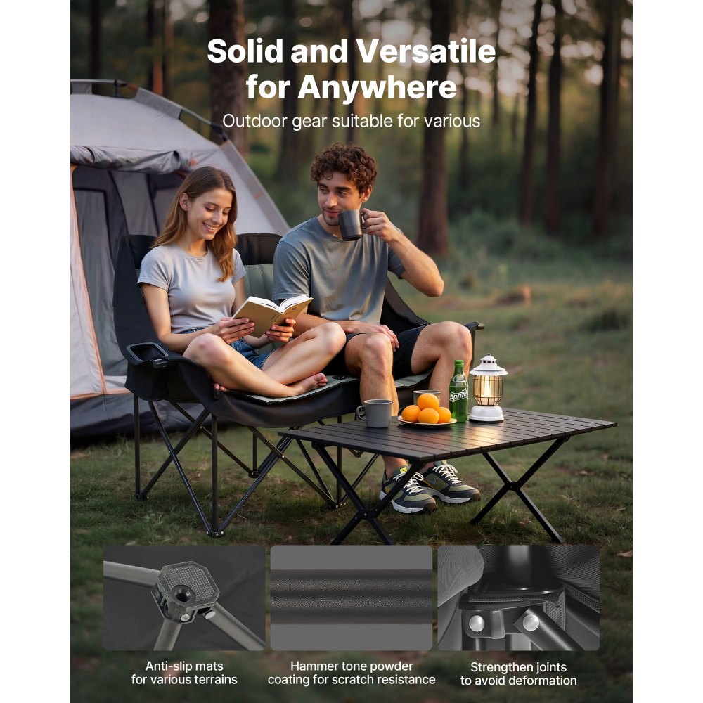 VEVOR Double Camping Chair, Oversized Two Person Camp Chair with 660 lbs Heavy Duty Support, with Dual Cup Holders, Wine Glass Holders, Magazine Straps, Carry Bags for Outdoor, Beach, 1 Pack