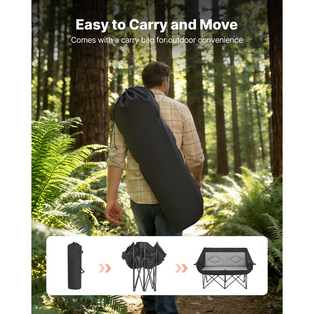 VEVOR Double Camping Chair, Oversized Two Person Camp Chair with 660 lbs Heavy Duty Support, with Dual Cup Holders, Wine Glass Holders, Magazine Straps, Carry Bags for Outdoor, Beach, 1 Pack