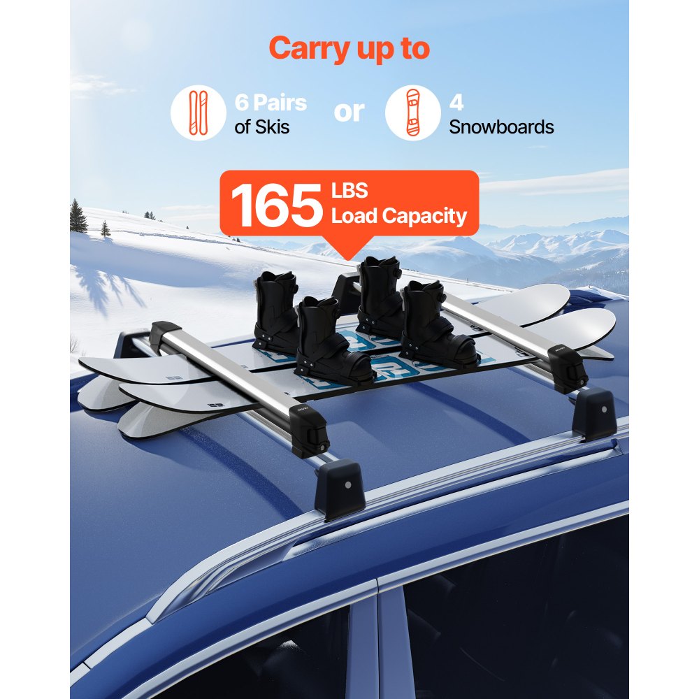 VEVOR Ski & Snowboard Roof Rack, Carry up to 6 Pairs of Skis or 4 Snowboards, 2 PCS Aluminum Universal Car Roof Rack Top Holder with Lock & Rubber Padding for Fishing Rod, Fit Most Slotted Crossbars