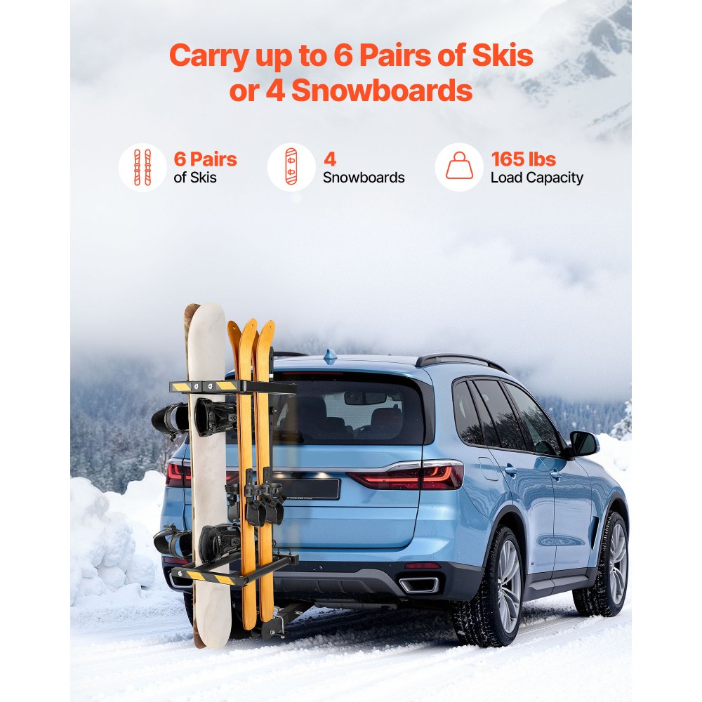 VEVOR Folding Hitch Mounted Ski & Snowboard Rack, Fits 2-Inch Receiver, Carries up to 6 Pairs of Skis or 4 Snowboards, Adjustable Hitch-Mounted Rack for Car with Key Lock, Security Strap, Tilt Access