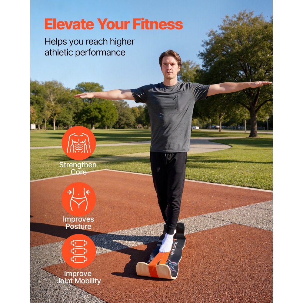 VEVOR Balance Board, Wobble Board Trainer for Adults, Premium Wooden Curved Balance Training Equipment, Compact & Lightweight for Core Workouts, Standing Desk Exercise, Home Gym, Yoga, Black & Orange