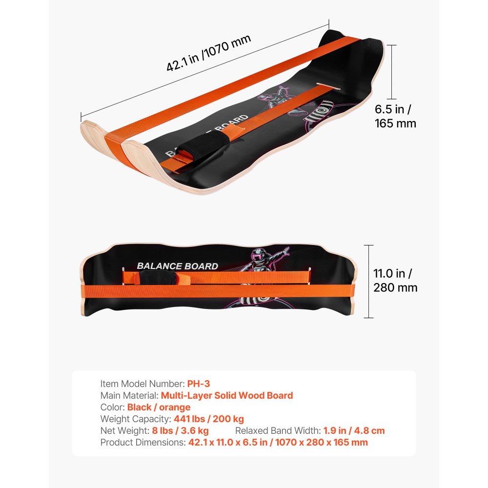 VEVOR Balance Board, Wobble Board Trainer for Adults, Premium Wooden Curved Balance Training Equipment, Compact & Lightweight for Core Workouts, Standing Desk Exercise, Home Gym, Yoga, Black & Orange