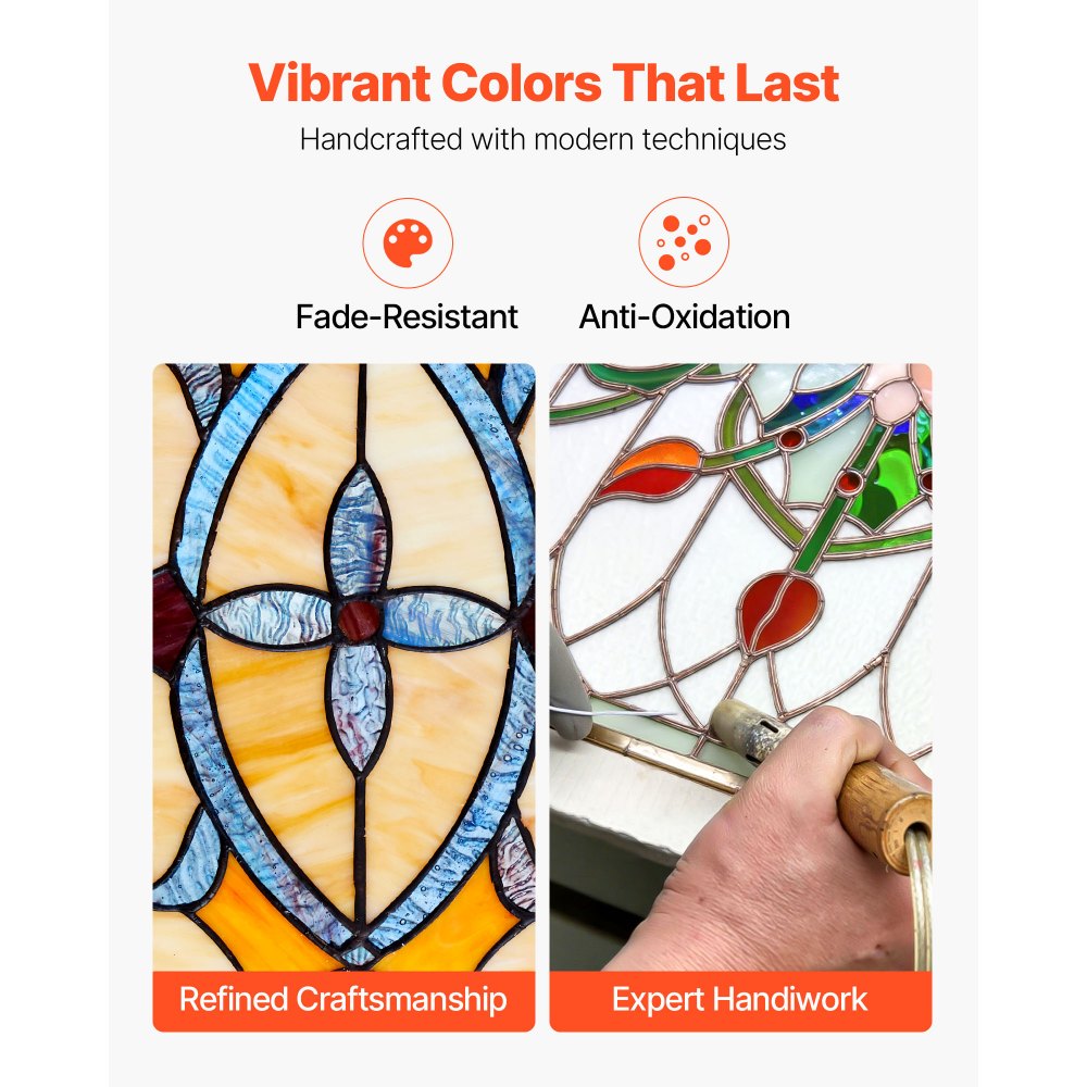 VEVOR Stained Glass Window Panel, 32 x 10 in, Tiffany Style Hanging Transom Window Panel with Chain, Large Horizontal Rectangle Stain Glass, Vintage Traditional Art Handcrafts for Kitchen Home Decor