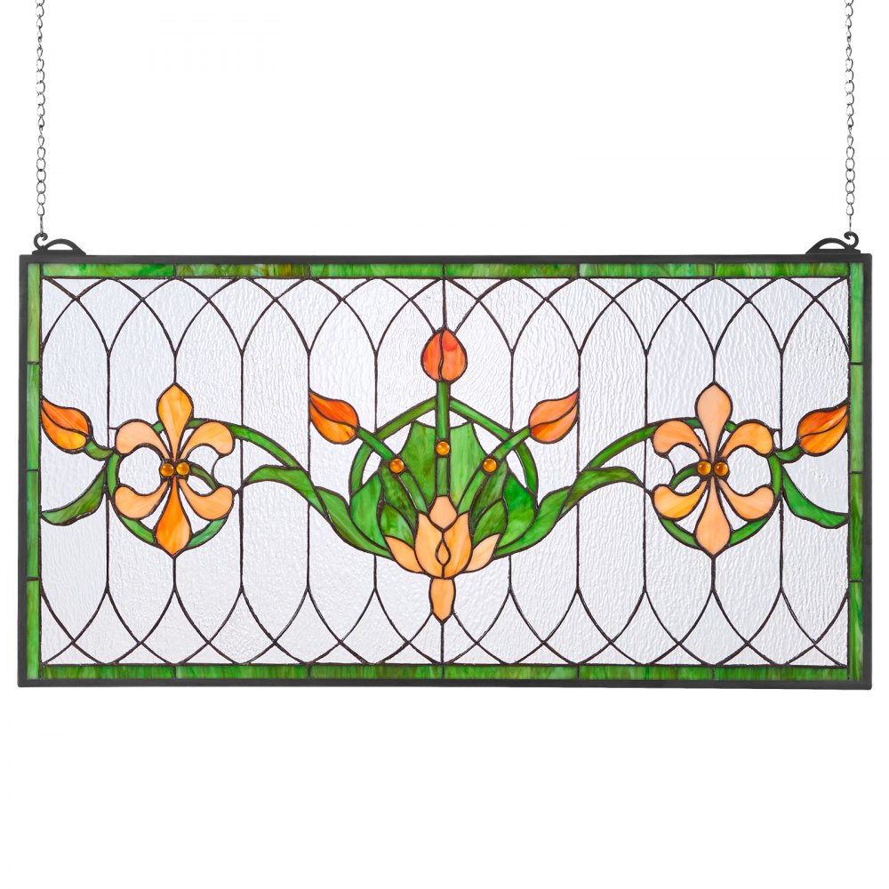 VEVOR Stained Glass Window Panel, 32 x 17 in, Tiffany Style Hanging Transom Window Panel with Chain, Large Horizontal Rectangle Stain Glass, Vintage Traditional Art Handcrafts for Kitchen Home Decor