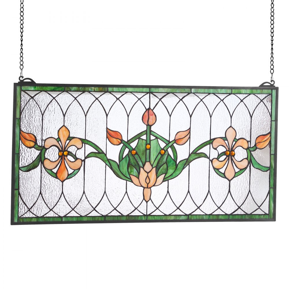 VEVOR Stained Glass Window Panel, 32 x 17 in, Tiffany Style Hanging Transom Window Panel with Chain, Large Horizontal Rectangle Stain Glass, Vintage Traditional Art Handcrafts for Kitchen Home Decor