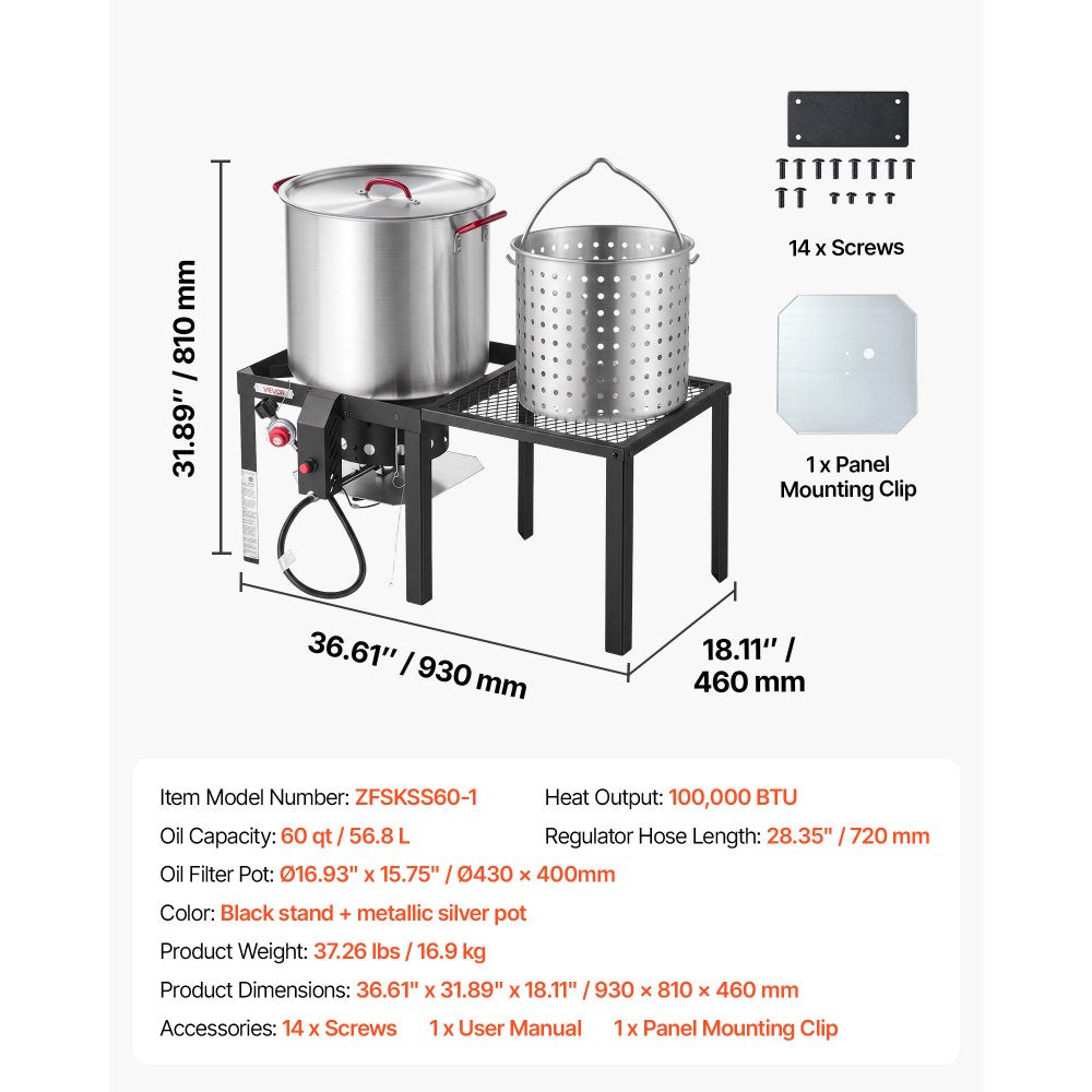 VEVOR 60 Qt Seafood Boiling Kit with Strainer, Aluminum Crawfish Boiler, Outdoor Backyard Cooking for Crab, Shrimp, Lobster, Deep Fryer Steamer Set with Side Table, Stand, 100,000 BTU Propane Burner