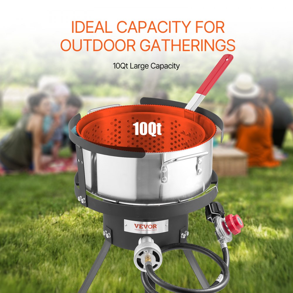 VEVOR 10 Qt Fish and Wing Fryer, Aluminum Propane Fish Fryer Kit, Outdoor Deep Fryer Seafood Pot with Thermometer, Strainer Basket, and 54,000 BTUs Propane Burners, for Outdoor and Backyard Cooking