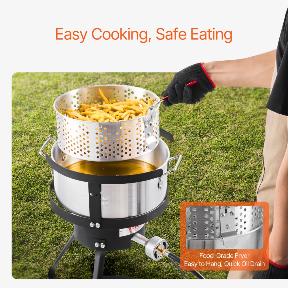 VEVOR 10 Qt Fish and Wing Fryer, Aluminum Propane Fish Fryer Kit, Outdoor Deep Fryer Seafood Pot with Thermometer, Strainer Basket, and 54,000 BTUs Propane Burners, for Outdoor and Backyard Cooking