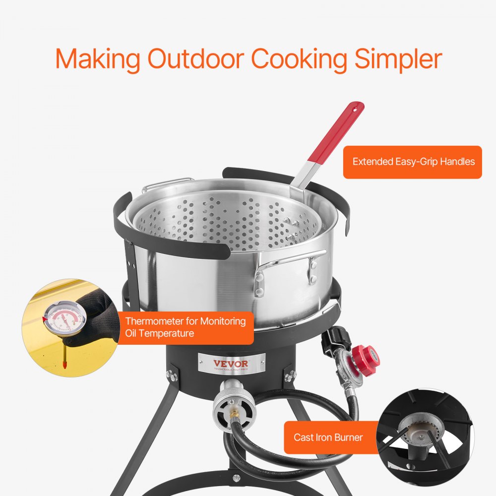 VEVOR 10 Qt Fish and Wing Fryer, Aluminum Propane Fish Fryer Kit, Outdoor Deep Fryer Seafood Pot with Thermometer, Strainer Basket, and 54,000 BTUs Propane Burners, for Outdoor and Backyard Cooking