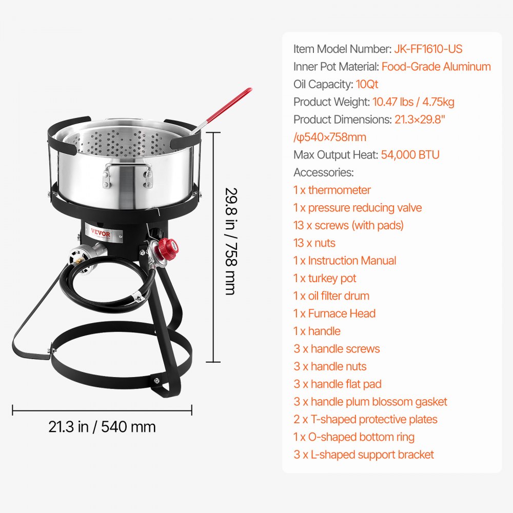 VEVOR 10 Qt Fish and Wing Fryer, Aluminum Propane Fish Fryer Kit, Outdoor Deep Fryer Seafood Pot with Thermometer, Strainer Basket, and 54,000 BTUs Propane Burners, for Outdoor and Backyard Cooking
