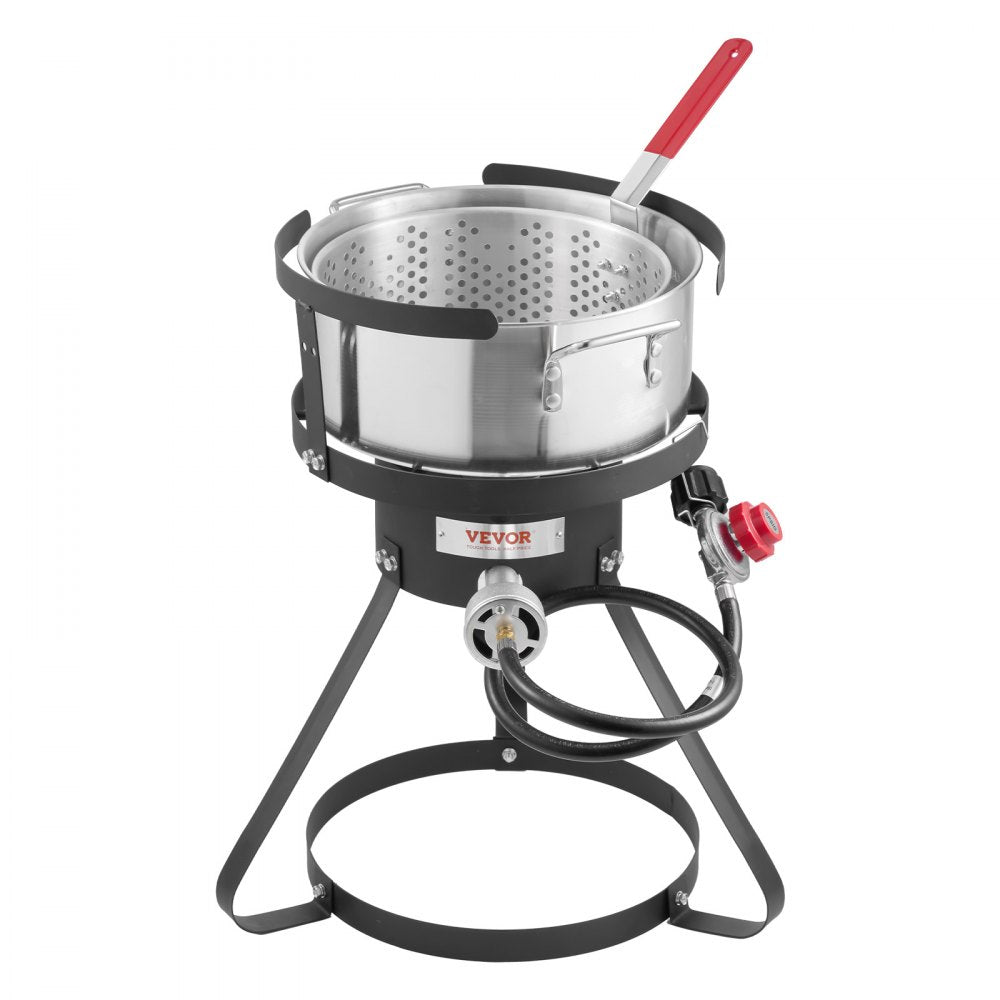 VEVOR 10 Qt Fish and Wing Fryer, Aluminum Propane Fish Fryer Kit, Outdoor Deep Fryer Seafood Pot with Thermometer, Strainer Basket, and 54,000 BTUs Propane Burners, for Outdoor and Backyard Cooking