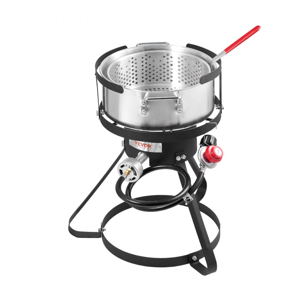 VEVOR 10 Qt Fish and Wing Fryer, Aluminum Propane Fish Fryer Kit, Outdoor Deep Fryer Seafood Pot with Thermometer, Strainer Basket, and 54,000 BTUs Propane Burners, for Outdoor and Backyard Cooking