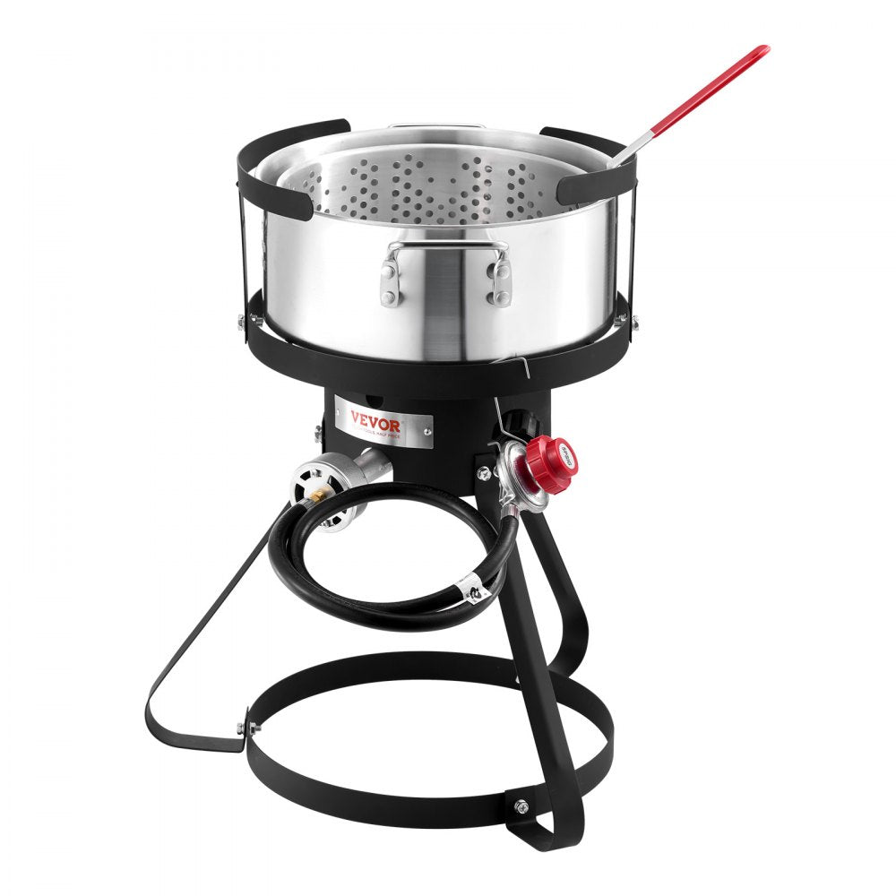 VEVOR 10 Qt Fish and Wing Fryer, Aluminum Propane Fish Fryer Kit, Outdoor Deep Fryer Seafood Pot with Thermometer, Strainer Basket, and 54,000 BTUs Propane Burners, for Outdoor and Backyard Cooking