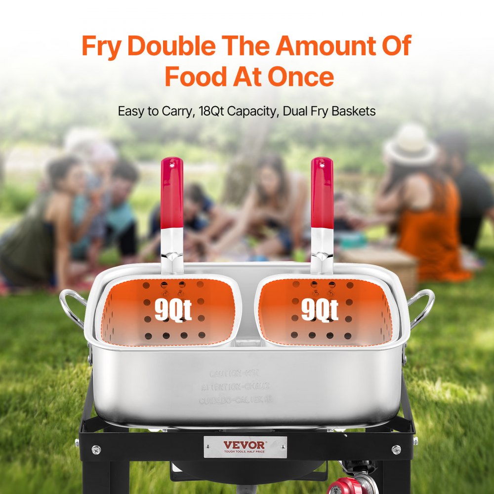 VEVOR 18 Qt Fish and Wing Fryer with Double Basket, Aluminum Propane Fish Fryer Kit, Outdoor Deep Fryer Seafood Pot with Thermometer and 58,000 BTUs Propane Burners, for Outdoor and Backyard Cooking