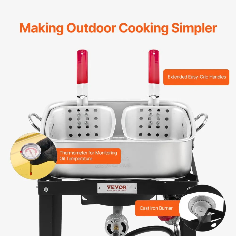VEVOR 18 Qt Fish and Wing Fryer with Double Basket, Aluminum Propane Fish Fryer Kit, Outdoor Deep Fryer Seafood Pot with Thermometer and 58,000 BTUs Propane Burners, for Outdoor and Backyard Cooking