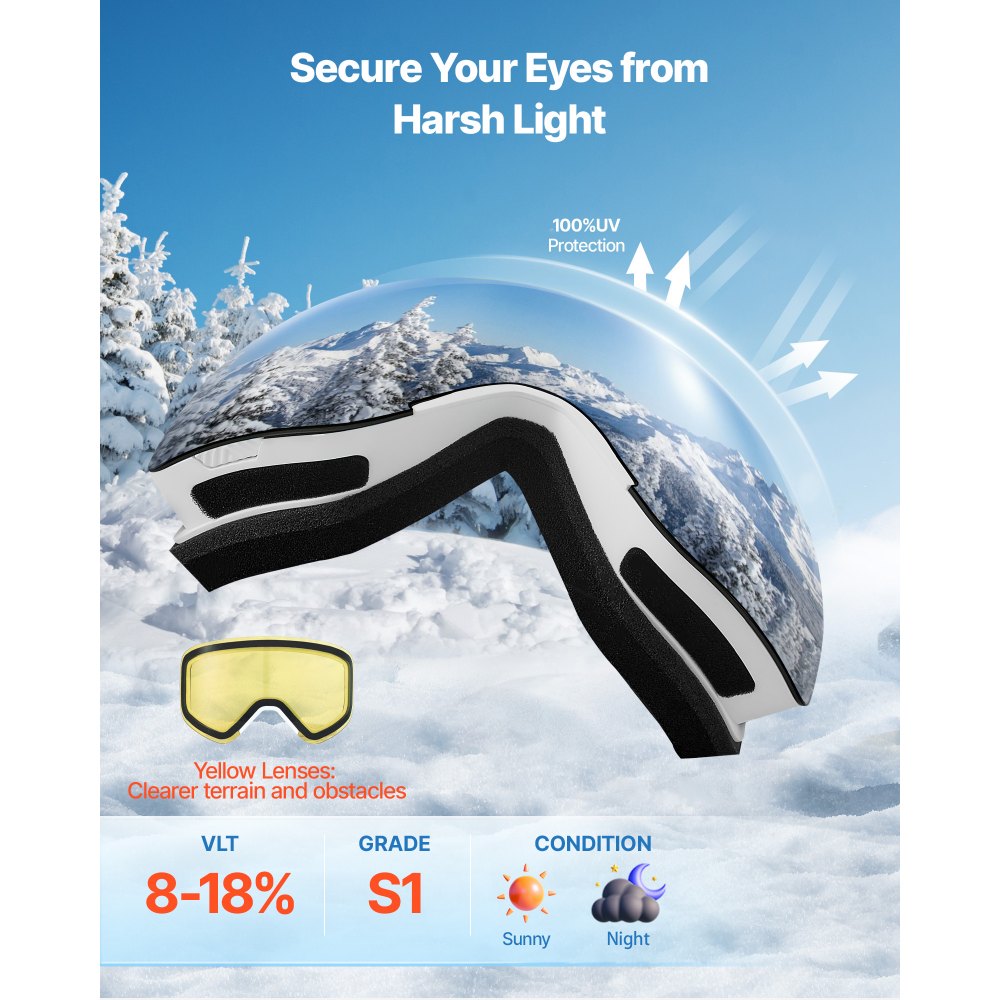 VEVOR Frameless Ski Goggles, Magnet Cylindrical Lens with Pink Revo Coating, OTG Anti fog Snow Goggles for Men Women Youth, TPU Frame & Ventilation Structure, Fit for Skiing, Skating, Snowboarding