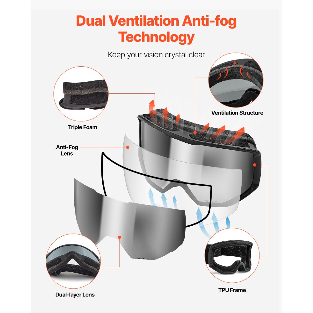 VEVOR Ski Goggles, Cylindrical Lens with Silver Mirror Revo Coating, OTG Anti fog Snow Goggles for Men Women Youth, TPU Frame & Ventilation Structure, Suitable for Skiing, Skating, Snowboarding, Cycling