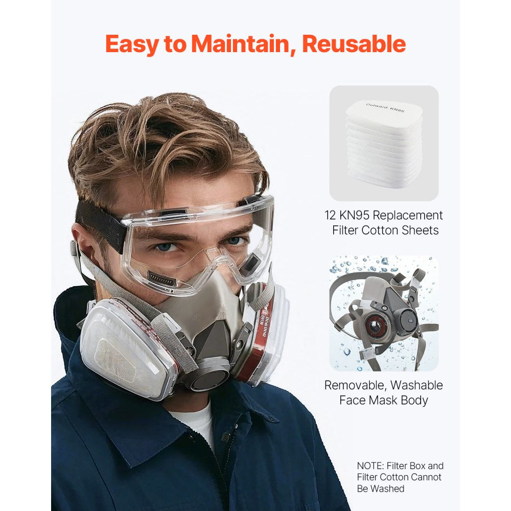 VEVOR Respirator Mask, Reusable Half Face Cover with Safety Glasses and Filters, Organic Vapor Mask and Dust-proof Face Cover, for Painting, Polishing, Welding, Woodworking and Other Work Protection