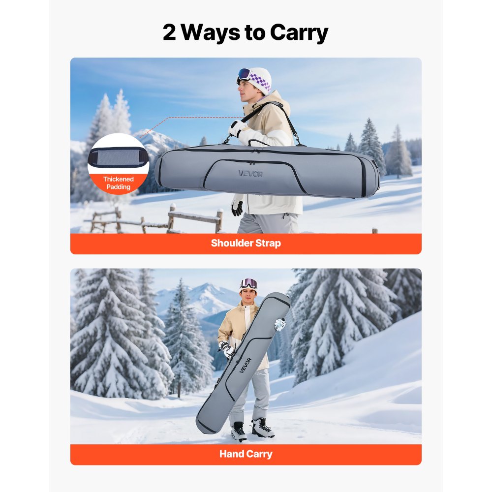 VEVOR Snowboard Bag, Up to 65 in/165 cm, Padded Skis & Snowboards Bag for Air Travel, 600D Waterproof Oxford Fabric, with Adjustable Inner Straps, for Skis Poles Goggles Gloves Helmet Boots (Gray)