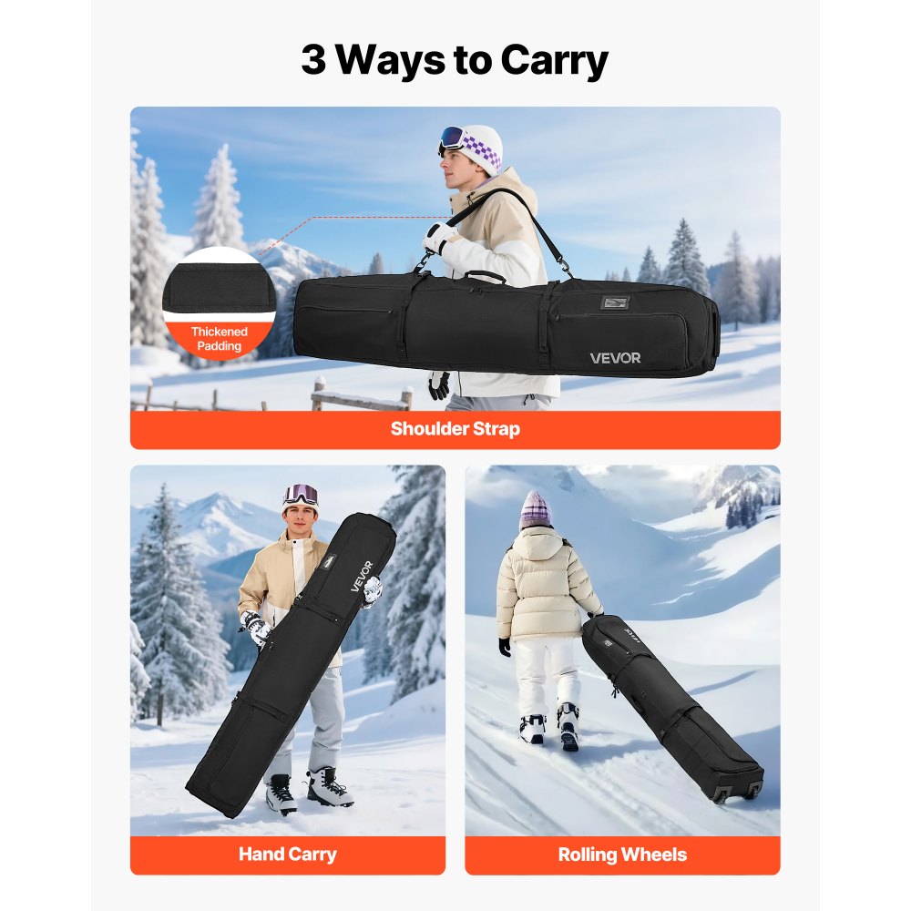 VEVOR Ski Roller Bag, Up to 68.9 in/175 cm, Padded Snowboard Bag with Wheels for Air Travel, 600D Waterproof Oxford Fabric, with Adjustable Straps, for Skis Poles Goggles Gloves Helmet Boots (Black)