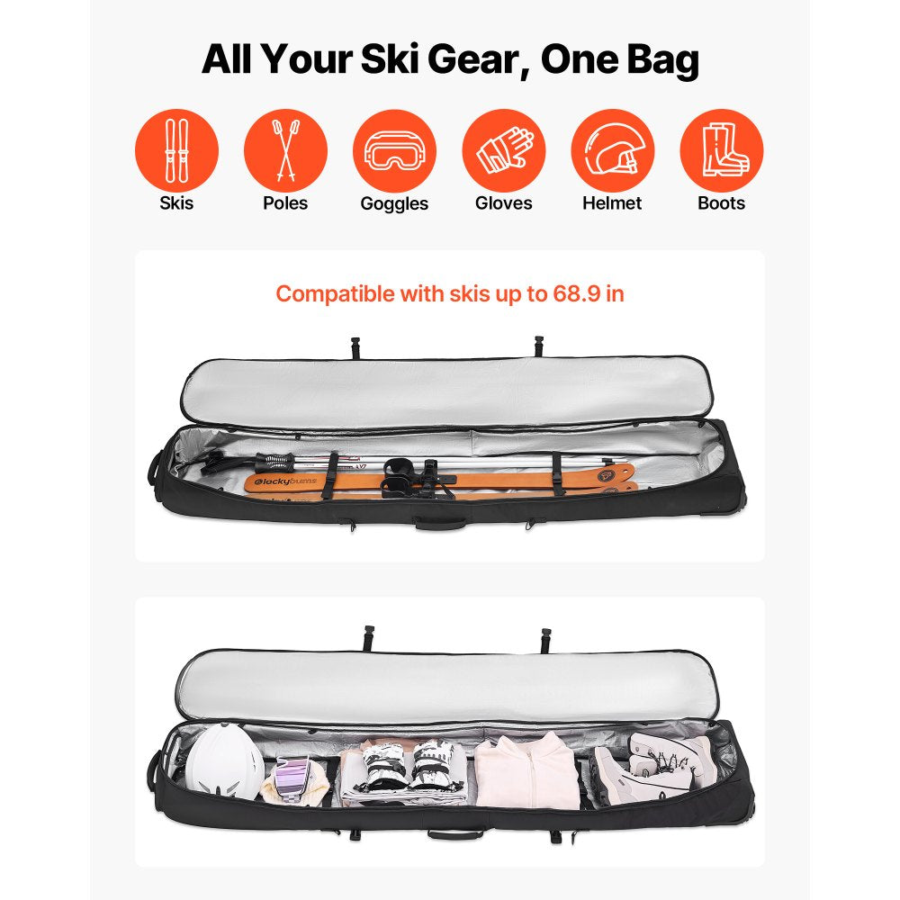 VEVOR Ski Roller Bag, Up to 74.8 in/190 cm, Padded Snowboard Bag with Wheels for Air Travel, 600D Waterproof Oxford Fabric, with Adjustable Straps, for Skis Poles Goggles Gloves Helmet Boots (Black)
