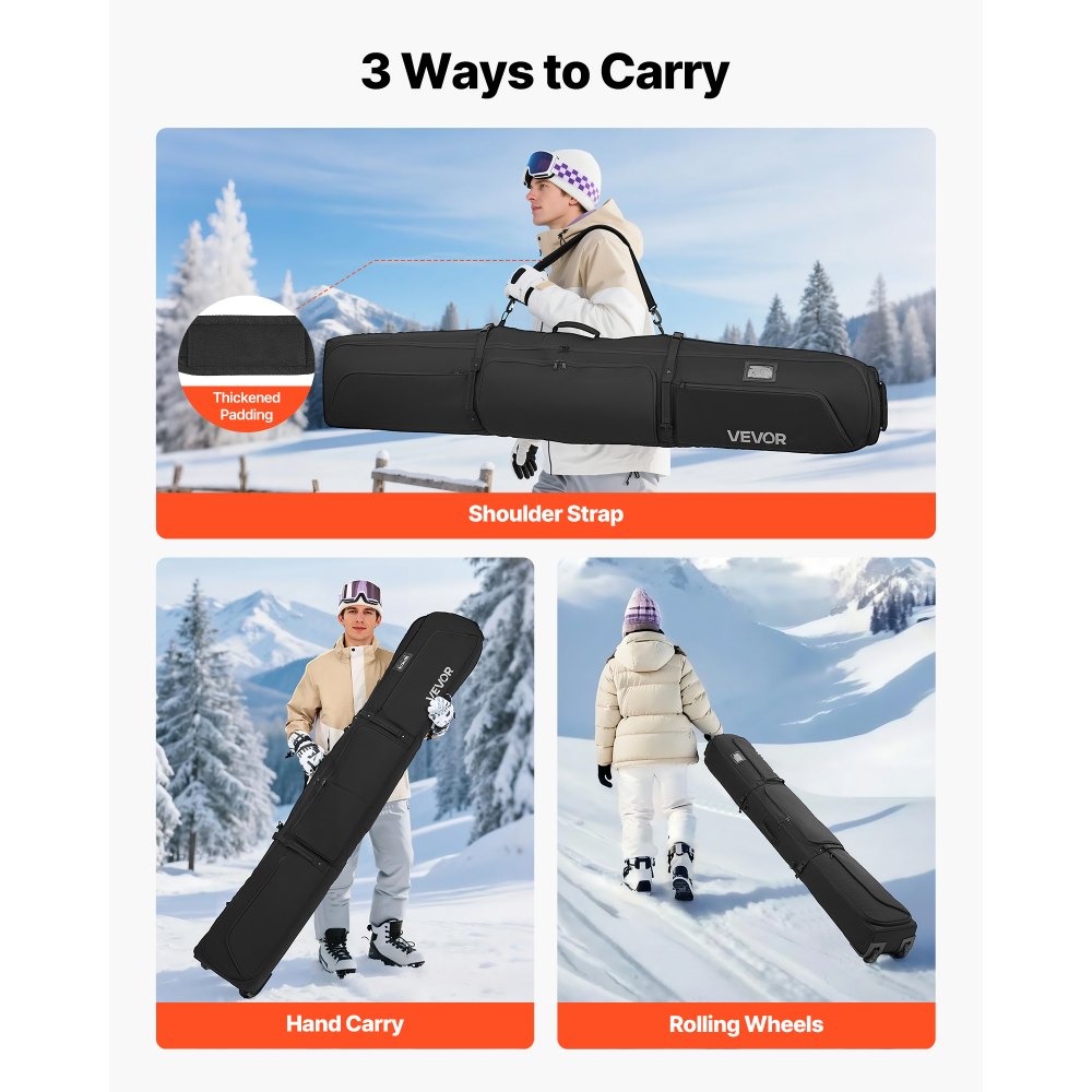 VEVOR Ski Roller Bag, Up to 74.8 in/190 cm, Padded Snowboard Bag with Wheels for Air Travel, 600D Waterproof Oxford Fabric, with Adjustable Straps, for Skis Poles Goggles Gloves Helmet Boots (Black)